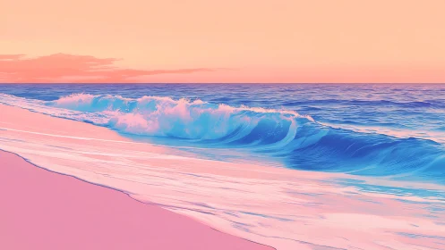 Digital seascape with pastel shoreline and breaking wave.
