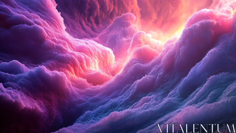 Abstract luminous cloudscape with layered pink formations.