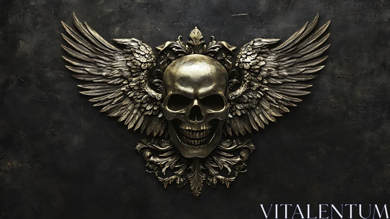 Winged metallic skull relief is centered on dark surface