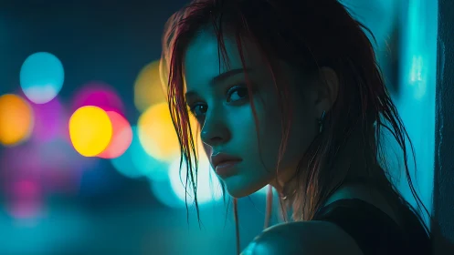 Gaze in teal streetlight with neon bokeh backdrop at night.