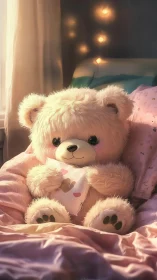 Fluffy teddy bear rests in soft pink bedding at dusk