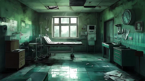 Lingering quiet fills an abandoned green hospital room