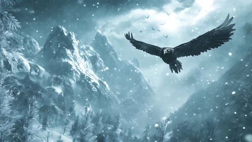 Winter raven gliding through a stormy mountain sky.