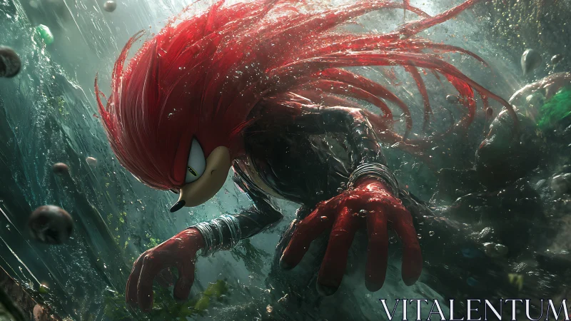 Knuckles character rendered underwater in dynamic motion