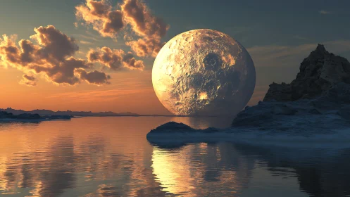 Lunar giant kissing sunset seas in otherworldly hush.