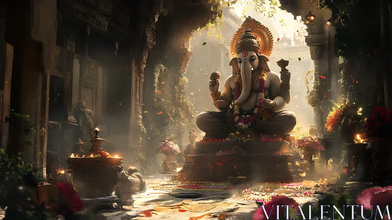 Ganesha statue sits in ornate temple courtyard with flowers