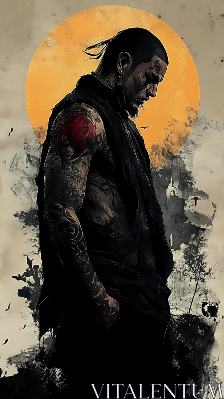 Tattooed warrior bows his head beneath a burning sun.