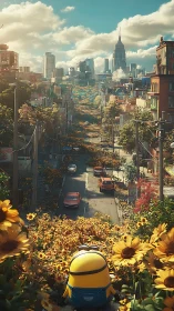 Digital painting of floral urban avenue with character vantage.