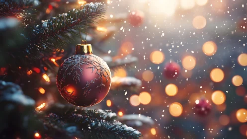 Red Christmas bauble on snowy tree with warm festive bokeh.