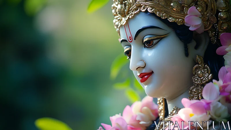 Hindu goddess statue profile with floral garland and gold crown.