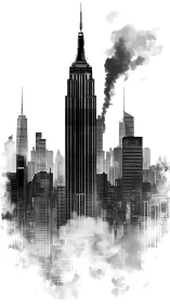 Monochrome skyscraper skyline with atmospheric vertical emphasis.