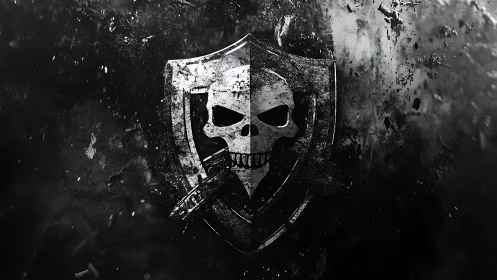 Grunge skull emblem on shield with high-contrast monochrome finish.