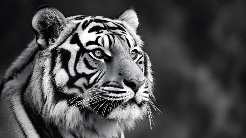 Monochrome close-up shows side profile of a tiger head