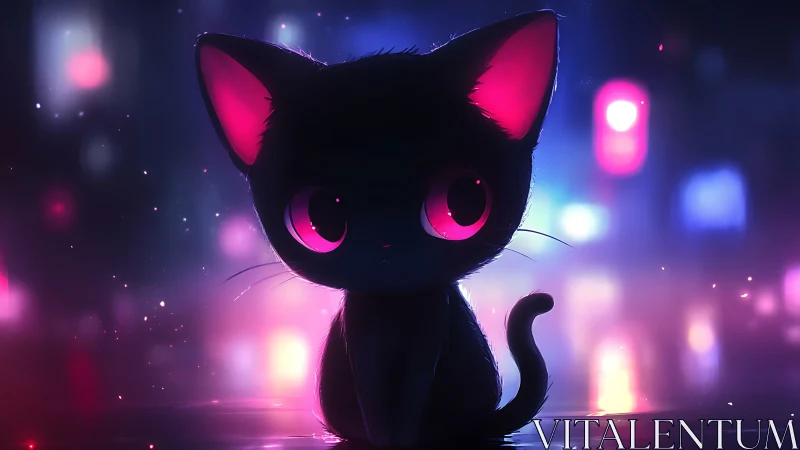 Midnight kitten glows softly in dreamy neon city lights