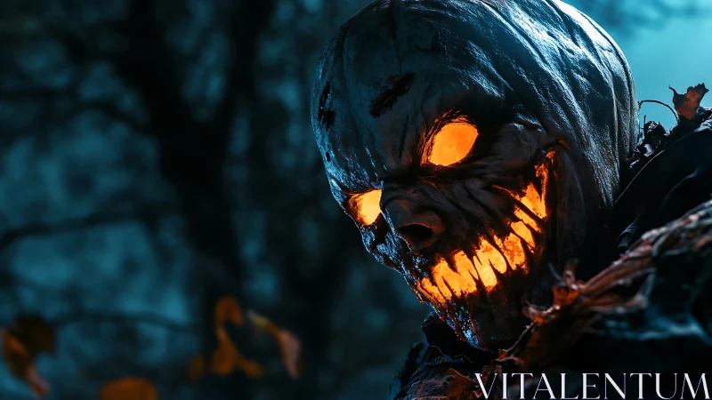 Luminescent pumpkin skull with molten eyes in nocturnal forest