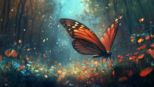 Glowing monarch butterfly in luminous forest meadow twilight.