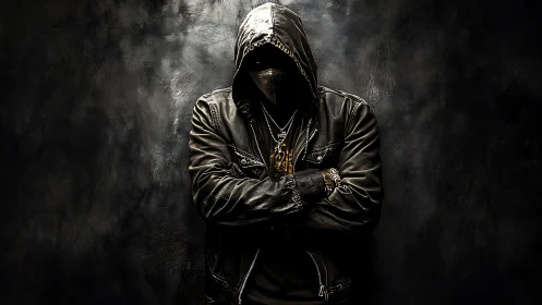 Hooded figure in leather jacket stands against dark textured wall