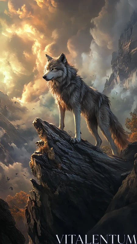 Lone wolf atop stormlit mountain ridge at sunrise.