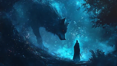 Cloaked warrior confronts giant spectral wolf in blue forest