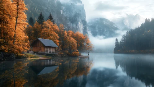 Lakeside autumn cabin resting in misty mountain calm.