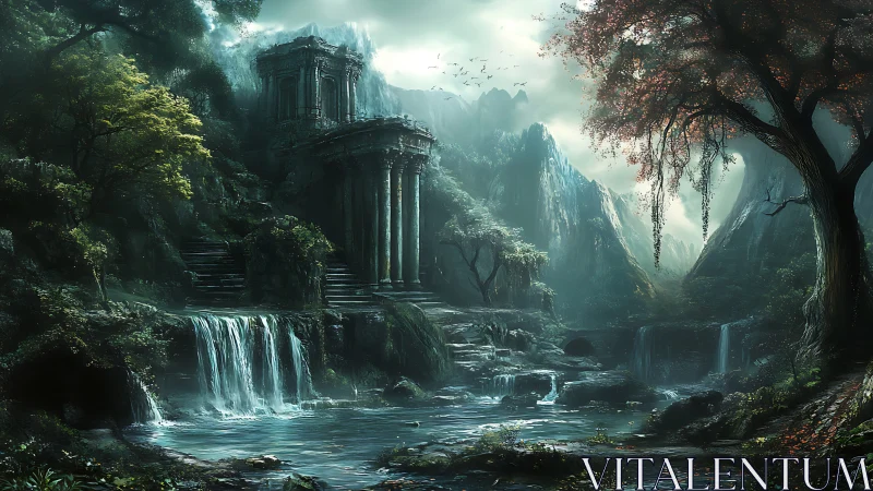 Mystic ruins beside waterfalls in lush fantasy valley.