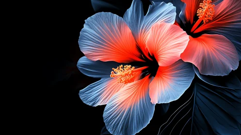 Blue and red hibiscus flower with gradient petals against black