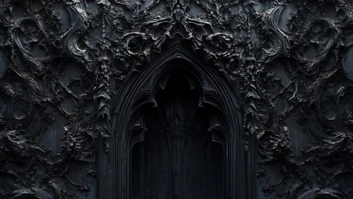 Gothic black archway with baroque organic reliefs detailed.
