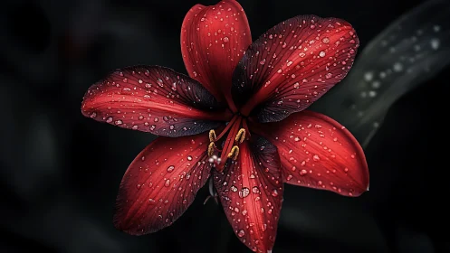 Deep Crimson Lily with Raindrops: Botanical Macro Study