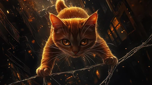 Golden Cat with Luminous Eyes in Urban Neon Setting.
