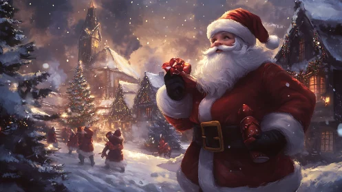 Santa Claus stands in snowy village holding wrapped gift