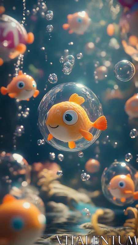 Playful 3D goldfish floating in crystal bubbles underwater.