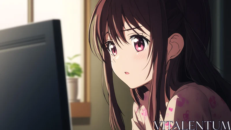 Anime girl watches large monitor in softly lit bedroom