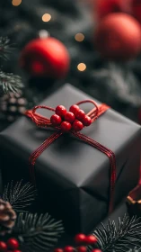 Black gift box with red ribbon in seasonal arrangement.