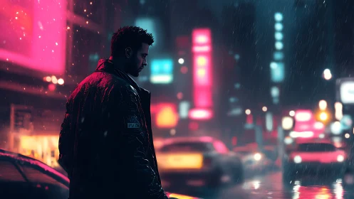 Solitary figure in neon rain, high contrast cyberpunk streetscape