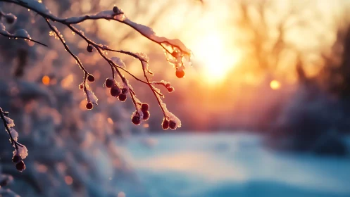 Icy winter berries on branch against low winter sunlight.
