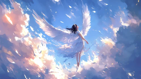 Gentle winged girl soars peacefully through glowing sky