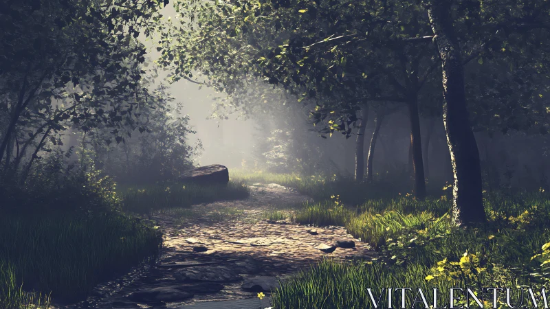 Forest Pathway with Filtered Sunlight Through Canopy.
