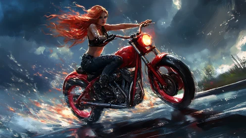 Red motorcycle rider on wet road under stormy sky at speed.