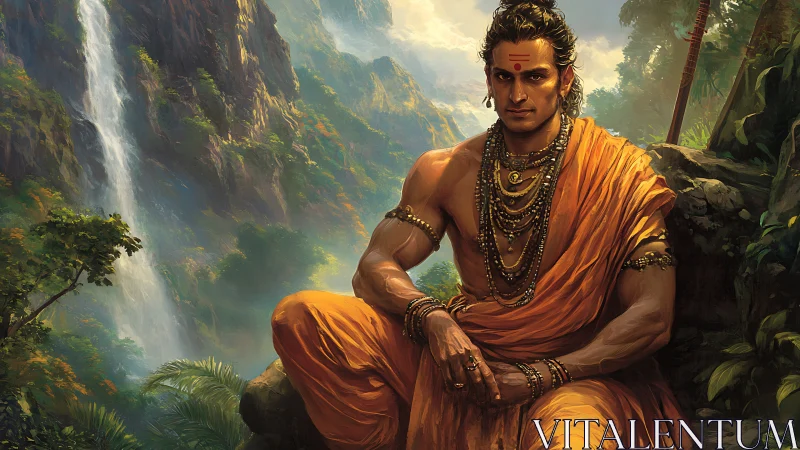 Monastic warrior seated in orange robes before rainforest falls