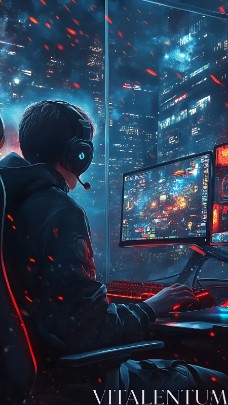 Night city pixels blur as the focused cyber gamer ascends