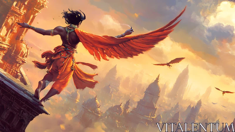 Digital painting of winged figure above mythic sunrise cityscape.