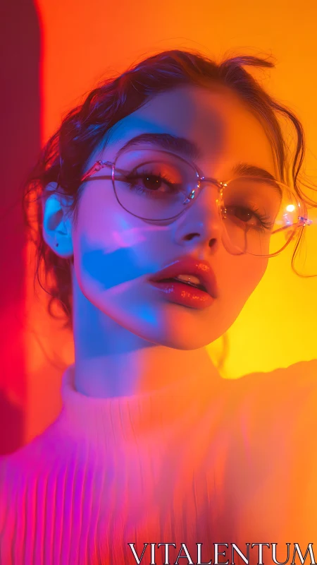 Portrait of woman in glasses under colored studio lighting.