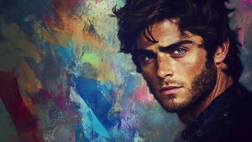 Digital male portrait overlays detailed face on textured field