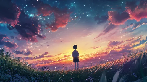 Silhouette of a child observes star-filled twilight sky
