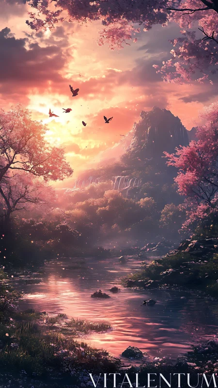 Fantasy valley sunset with sakura riverine composition.