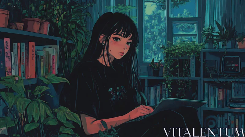 Young woman with tablet in indoor plant filled study room.