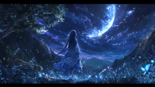 Backlit girl studies luminous crescent moon over nocturnal valley