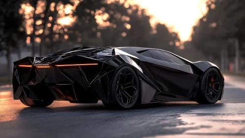 Sleek black supercar glowing gently in the soft sunset light.