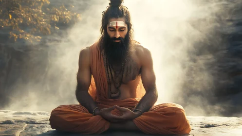 Yogi in deep meditation on misty riverbank at sunrise.