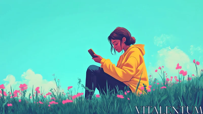 Girl in yellow hoodie relaxing with her phone in wildflowers.